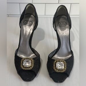 Mary Norton black high-heels crystal-embellished open toe d'Orsay cut Size 6.5